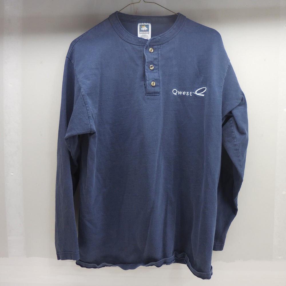 Cotton Deluxe Mens Henley Shirt Navy Blue Long Sleeve Qwest Logo Size M